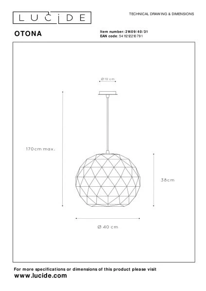 Lucide OTONA - Hanglamp - Ø 40 cm - 1xE27 - Wit - technisch
